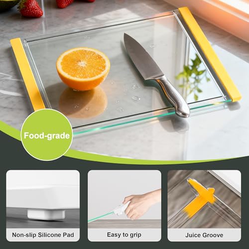 Tempered Glass Cutting Board Set for Kitchen Counter - Dishwasher Safe with Juice Grooves, Non-Slip Silicone Edges & Beveled Grip - 16"x12" & 12"x8" Serving Tray (Yellow) - color: Yellow