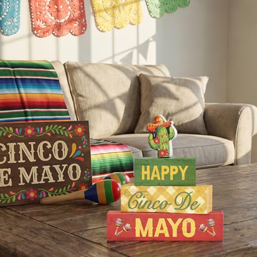 Smile Happy Cinco De Mayo Wooden Block Stack with Cactus Decor, Mexican Fiesta Tiered Tray Tabletop Sign for Cinco De Mayo Party Decorations - style: Cactus
