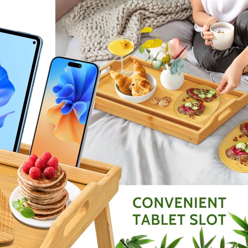 Tray Table for Bed, Bamboo Breakfast Tray with Folding Legs and Handles, Natural Color Bed Tray with Media Slot, Ideal for Eating, Serving or Working in Kitchen, Sofa or Bedroom - style: 1 pack