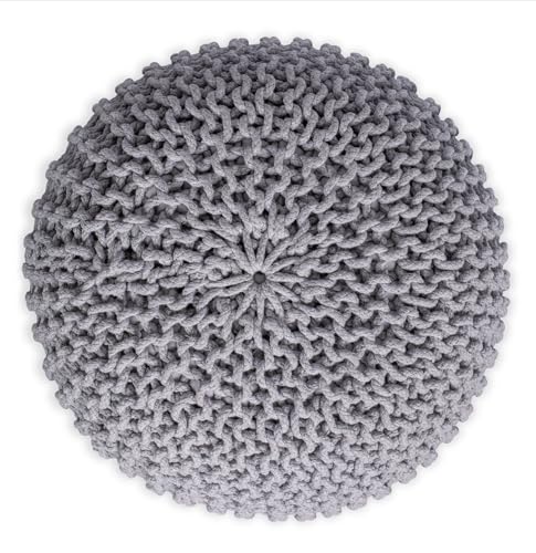 BIRDROCK HOME Round Pouf Ottoman | Cotton Braided Foot Stool with Bean Bag Filling | Boho Foot Rest for Living Room & Bedroom | Compact & Comfortable Seating, Lightweight & Soft | Light Grey