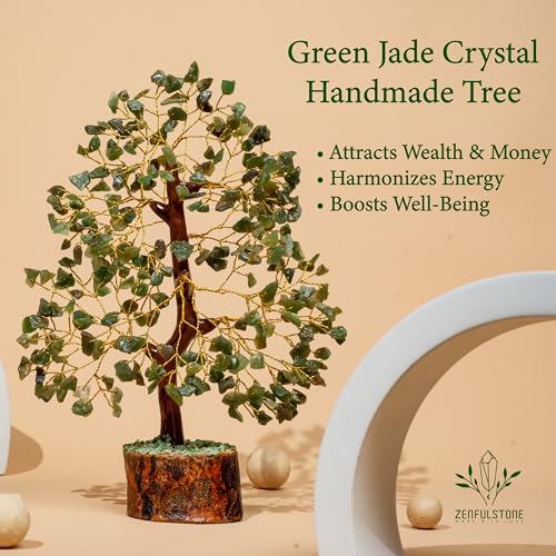 Green Jade Crystal Tree of Life for Luck & Prosperity Decor for Home and Office | Handmade Bonsai for Wealth & Balance and Good Fortune | Perfect Well-Being Gift for Loved Ones - color: Green Jade Golden Wire