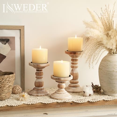 Wood Pillar Candle Holder: 3Pcs Rustic White Candle Holders for Pillar Candles Wood Candle Holders Distressed Wooden Farmhouse Candle Holder Large Rustic Candle Holder for Fireplace Table - color: Rustic White, size: 3.94", 5.9", 7.87"