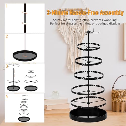 17Dec 6 Tier Rotating Jewelry Organizer Stand, 230 Holes Earring Holder Organizer for Women Girls, Spinning Earring Tree with Ring Holder, Wide Base for Bracelets Watches Lipstick - color: Metal,6-Tier,Black