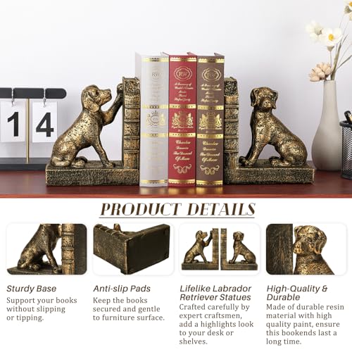 Tatuo 2 Pcs Decorative Dog Bookends for Shelves, Vintage Old-Money Book Ends for Heavy Books Labrador Dog Animal Stopper Retriever Statues with Anti-Slip Base for Book Lover Home Office Bookshelf - style: Dog