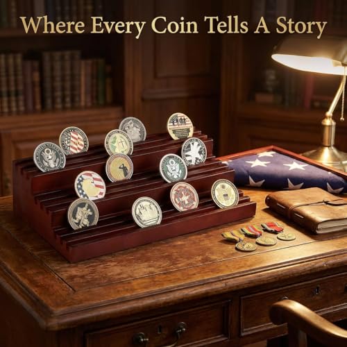 Challenge Coin Display Stand - Where Every Coin Tells A Story - Solid Wood Military Coin Rack | 9-Row Ladder Design Holds 45-60 Coins | Desktop Holder for Army Police Firefighters (Walnut) - color: Walnut