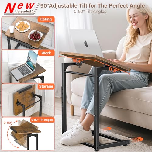 Tv Tray Table, 8-Level Adjustable Height Couch Side Table，90° Tilt Angle Adjustments C-Shaped End Table, with Phone & Tablet Slot Sofa Computer Desk for Couch, Sofa, Bed, Chair, Living Room (Brown) - size: 1 pcs