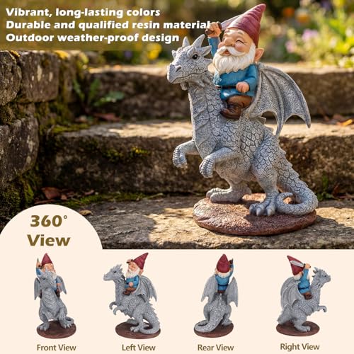 EXYGLO Gnome Garden Statue Decor, 9.7" Gnome Riding Dragon Outdoor Funny Decoration for Lawn, Patio, Yard, and Unique Housewarming, Birthday Ornament Gift for Boys, Friend, Family