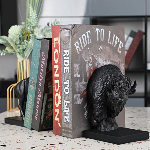 Set of 2 Polyresin Buffalo Bookend,Art bookend, Homedecor for Kids, Office Decor (Black)