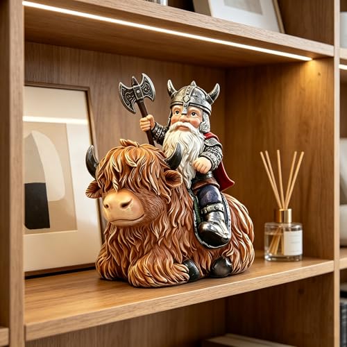 Viking Warrior Gnome Riding Highland Cow Statue, Hand-Painted Resin Sculpture Figurine for Yard Garden Patio Lawn Ornaments, Unique Home Decor Housewarming Gift