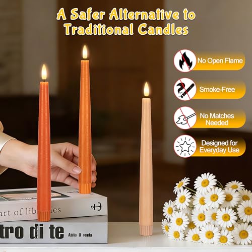 Flameless Taper Candles with Remote, 9.6" Battery Operated Flickering LED Candlesticks, Real Wax Warm Earth Tone Taper Candles for Wedding Centerpieces, Dinner Table, Mantel, Window, 3 Pack - color: Gradient Orange