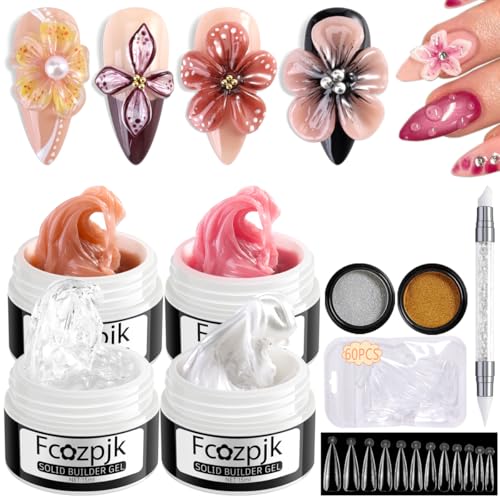 Fcozpjk Solid Builder Gel for Nails, 4 Colors Solid Builder Gel Non-Sticky Clear Nude Pink Pearl White Hard Gel for Nails 3D Sculpture Gel Flower Carving Modeling Design Nail Extension Gel Kit - color: 01-02-03-04