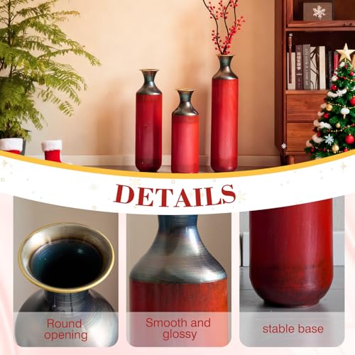 Floor Vases, Tall Home Decor Metal Vase Set of 3 Large Glazed Decorative Vases for Wedding Decor, Elegant Modern Flower Holder for Living Room, Entryway, Hallway, Dining Room - color: Gradient Red