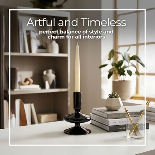 Vintage Glass Candle Holder for Pillar Candles – Taper Candle Holders for Table Decor, or Living Room – Stacked Disc Design Candlestick Holders, Boho Home Decor – 5", Black - color: Black, size: 5.0" H