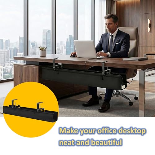 36" Under Desk Cable Management Tray - No Drill Oxford Cloth Cord Organizer with Clamp & Screw Mount - Large Capacity Fabric Cable Holder for Home Office, Gaming Desk & Standing Desk (Black)