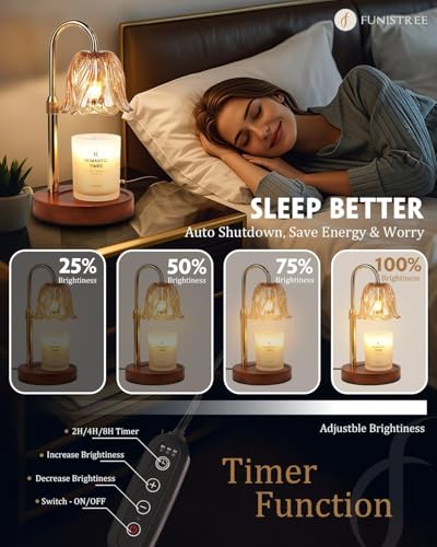 Funistree Candle Warmer Lamp, Gold Candle Lamp Warmer with Timer & Dimmer with 2 Bulbs, Mothers Day Birthday Gifts for Women Mom, House Warming Gift New Home Bedroom Decor, Height Adjustable - color: Daffodil