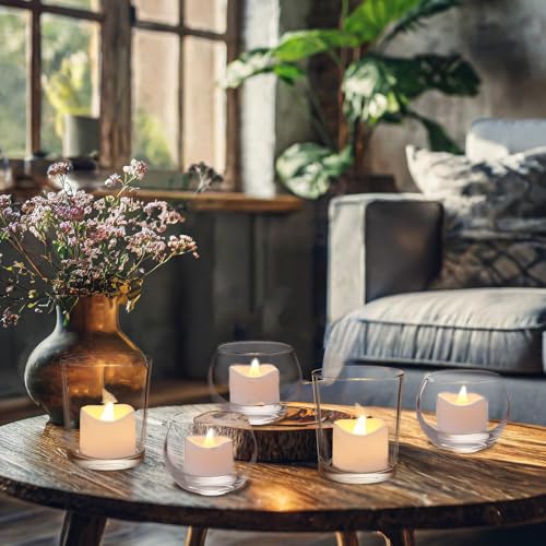 Funnymoom 12 Set Assorted Votive Candle Holders with LED Tea Light Decorative Mercury Glass Votive Tealight Holder Flameless Battery Operated Wedding Centerpieces Bridal Party Table Decoration (Clear) - color: Clear