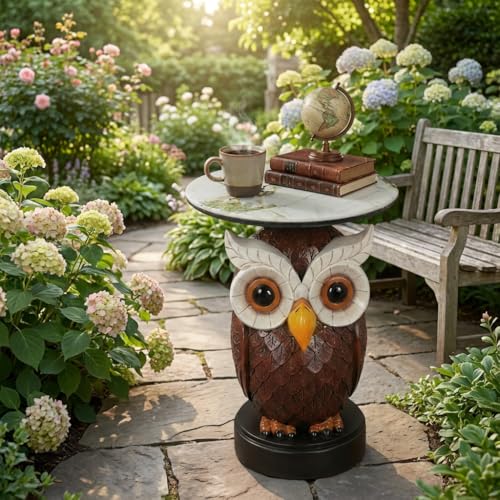 Artistic 3D Owl Sculpture End Table with Faux Marble Top,from Odorless Resin, Multi-Functional Accent Table for Living Room, Entryway, Stable Scratch-Resistant Design, No-Tool Assembly - color: Red Owl