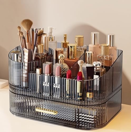 Makeup Organizer with Drawers and 360° Rotating Brush Holder, Large Capacity Cosmetic Storage for Vanity, Skincare, Perfume, Hair Accessories, Lipstick & Jewelry (Transparent Gray, 2-layer) - color: Transparent Gray, size: 2-layer