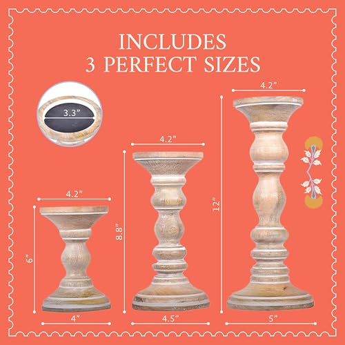 Mela Artisans Mango Wood Pillar Candle Holders Set of 3, Hand-Carved Whitewashed Decorative Candles for Living Rooms, Centerpieces & Mantel Decor - color: Whitewash