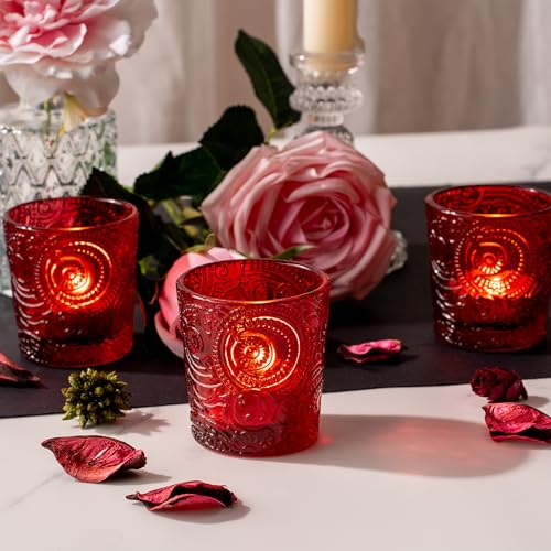 6 Pack Sun Moon Star Embossed Glass Tea Light Candle Holders - Votive Candle Holders for Wedding, Party, Home Decor, and Table Centerpieces (Ruby Red) - color: Ruby Red