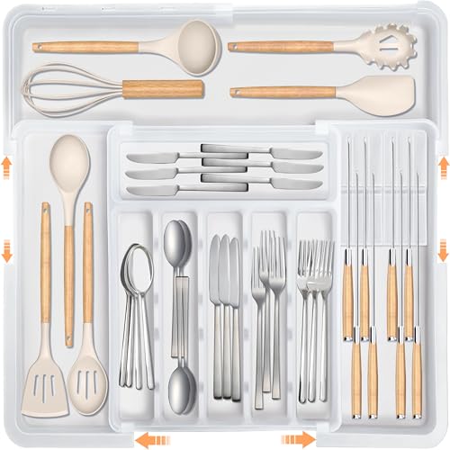 Homecor Silverware Organizer for Kitchen Drawer, Expandable Utensil Drawer Organizer with 2 Knife Block, Flatware and Cutlery Holder, Adjustable Plastic Storage for Spoons Forks Knives - color: White