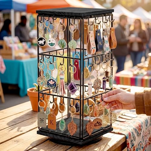 Rotating Earring Display Stands, 48 Hooks Earring Display for Vendors, Jewelry Display Earring Holder Organizer Earring Display Stands for Selling (Black) - color: Black