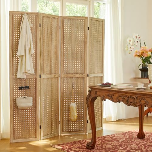 Pegboard Display, 5.6Ft Wooden Room Divider Folding Privacy Screens Portable Freestanding Wall Organizer for Retail Craft Art Display Board (4panels, Natural) - color: Natural, size: 4 Panels