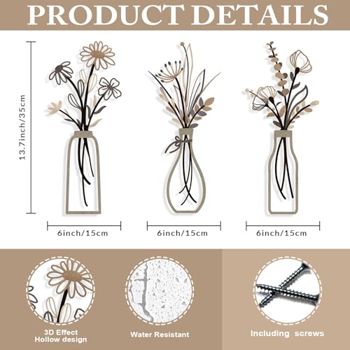 Pigort 3 Pieces Metal Flowers Wall Arts - Rustic Farmhouse Style Décor Metal Wall Art Black Minimalist Flower Natural Themed Wall Decors for Home Bedroom Dining Room Housewarming (Brown) - color: Brown