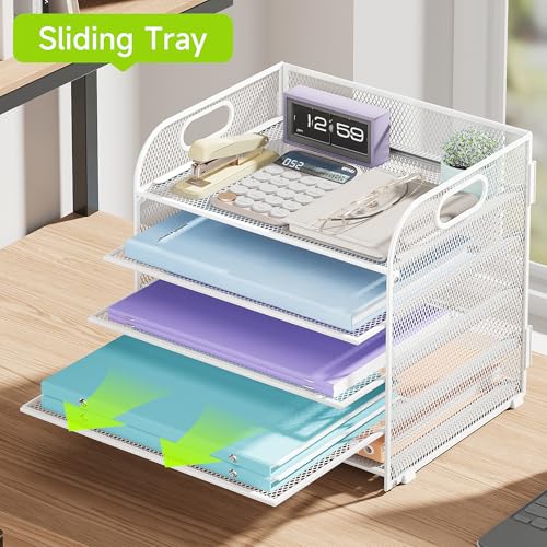 Cawukege 5 Tier Paper Organizer with Handle, White Metal Mesh Desk Organizer File Folder Paper Letter Tray Desktop Document Sorter for Classroom, School, Office Accessories Organization and Storage - color: White