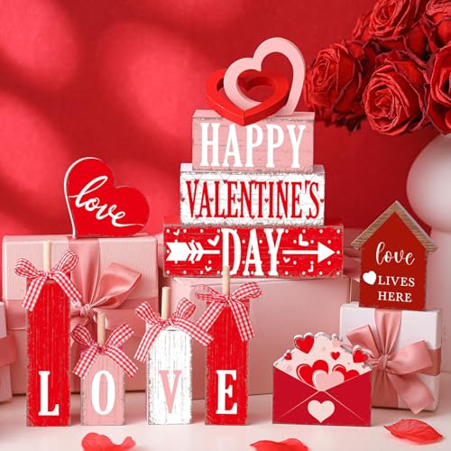 Vercraft 11 Pcs Valentine's Day Table Decorations Red Heart Tiered Tray Decor Love Centerpiece Pink Wooden Books Home Table Top Decor for Wedding Party Supplies - style: Love