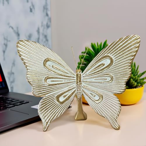 Dwelloria Gold Butterfly Sculpture Decor, Elegant Metal Look Butterfly Desktop ornaments, Modern White & Gold Butterfly Home Accent for Living Room, Bedroom, Entryway, Nature Inspired Decorative Ornament