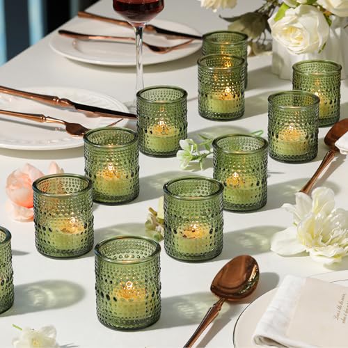 30 Pcs Green Votive Candle Holders, Glass Tea Lights Holder with Polka Dot Embossed, Vintage Candle Holder for Weddings, Home Decor, Baby Shower, Special Occasions - color: Green