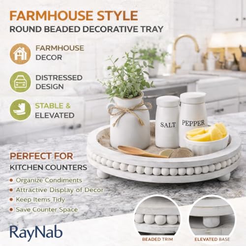 RayNab Farmhouse Round Wooden Beaded Tray – 12" Whitewashed Rustic Decorative Wood Tray for Coffee Table, Kitchen Centerpiece, Ottoman or Serving Snacks