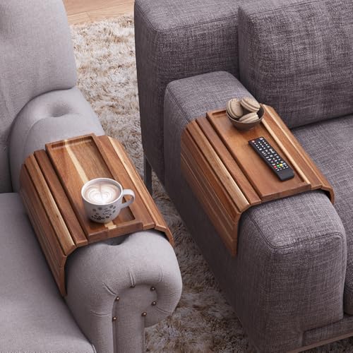 Sofa Arm Tray,Acacia Wood Folding Couch Arm Tray,Sofa Armrest Trays with Anti-Slip Pad for Drinks,Snacks,Phone,Remote Control 2 PC - style: 2 PC