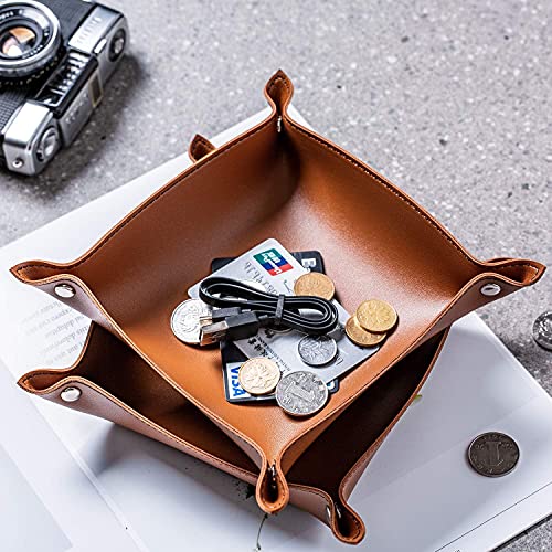 SANQIANWAN Leather Jewelry Valet Tray for Women and Man, Portable Entryway Table Tray Bedside Nightstand Desk Tray Small Catchall Travel Dish Plate for Key,Wallet,Watch,Coin (4PCs Brown-B) - color: 4pcs Brown-b, size: 8×8
