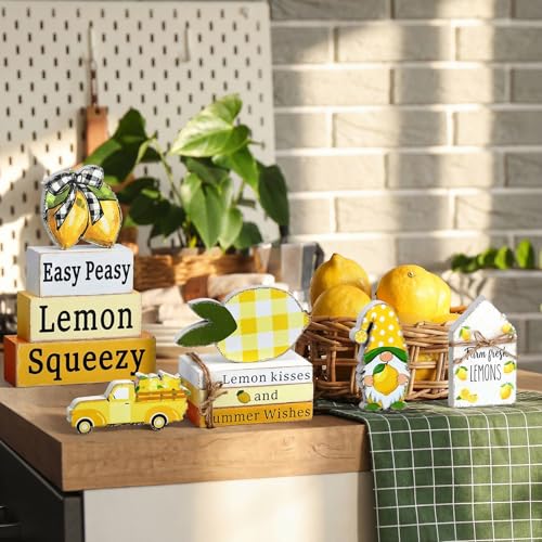 Vercraft 11 Pcs Lemon Table Decorations Set Lemon Tiered Tray Decor Summer Wooden Top Farmhouse Rustic Wooden Coffee Table Centerpieces for Home Kitchen Office Decorations - style: Lemon