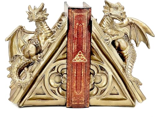 Bellaa 21503 Golden Dragon Bookends Vintage Fierce Gothic Medieval Castle Statues Sculpture Monster Book Ends Support Shelf Non Skid Heavy Duty 8 inch - color: Gold