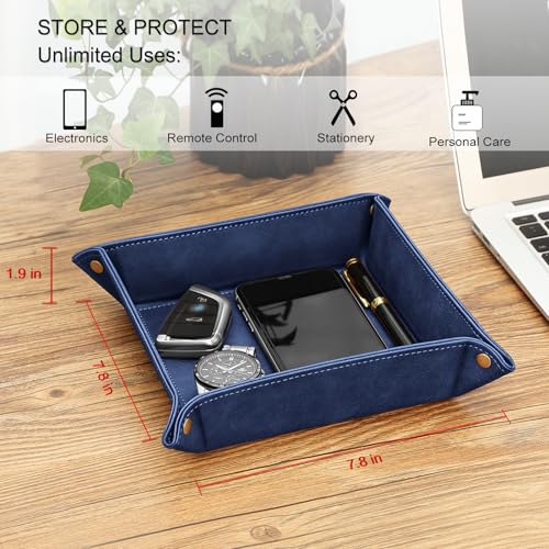 SITHON Valet Tray Desktop Storage Organizer – Premium PU Leather Catchall Bedside Vanity Tray Nightstand Caddy Holder for Keys, Phone, Wallet, Valentine's Day Gift, Dark Blue - color: Dark Blue