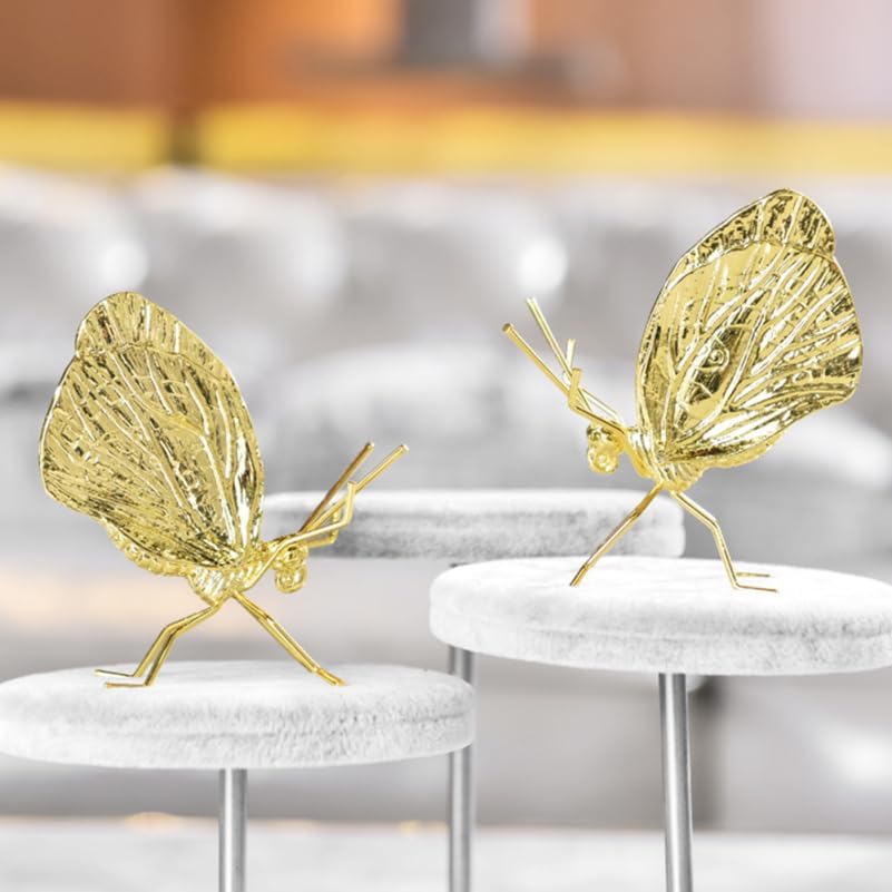 Golden Butterfly Metal Ornament, Solid Metal 3D Insect Desk Figurine Mini Desktop Ornament for Home, Office, Garden