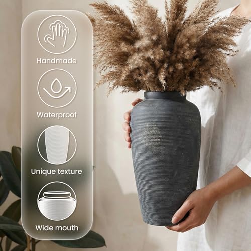 Rustic Distressed Ceramic Threaded Vase, 11"H Handmade Wabi Sabi Decor Vase (Deep Charcoal with Light Gray Weathering and Wheat Beige Patches) for Living Room Table Centerpieces, Entryway & Fireplace - size: 11 inch-A
