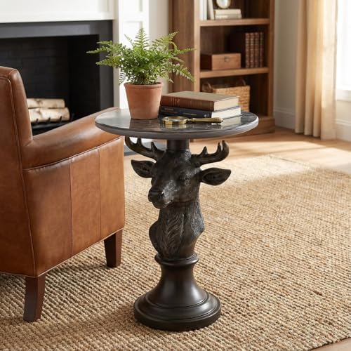 Modern Accent Table with Vintage-Style Deer Ornament Base, Minimalist Faux Marble End Table for Living Room Reception Area & Bedroom, 19.69 Inches Wide × 25.59 Inches High - style: vintage deer