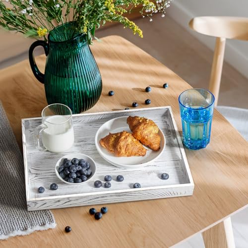 17 Inch White Serving Tray with Handles, Large Wooden Tray for Ottoman, Breakfast in Bed, Coffee Table, Dinner, Rectangular Wood Tray for Living Room Bedroom Entryway and Kitchen - color: White, size: 12" x 1.6" x 17"