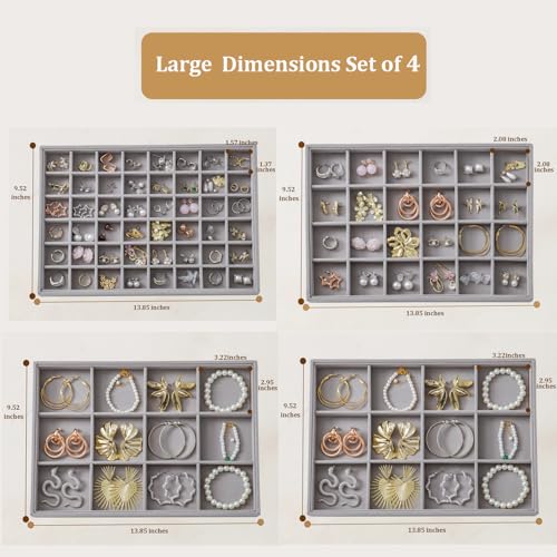 Large Jewelry Drawer Organizer Trays Set of 4, Stackable Velvet Jewelry Trays Organizer Holder Display Storage Showcase for Earring Necklace Bracelet Ring Accessary (Gray, 12+12+24+48 Grids) - color: Gray, size: 12+12+24+48 Grids