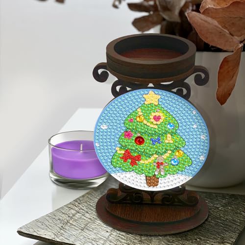 BAYUNOE DIY Candlestick Holders Wooden Desktop Diamond Art Painting Candle Holder Double-Sided Diamond Vintage Modern Decorative for Table Mantel Wedding Dinning Party-Christmas Tree - color: Christmas Tree