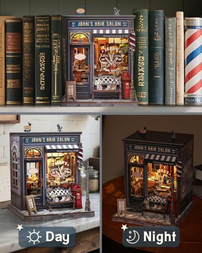 Book Nook Kit - DIY Adult Miniature Dollhouse, Hair Salon Themed, 3D Wooden Puzzle Bookend, Bookshelf Decor Gift for Family and Friends (John's Hair Salon) - style: John's Hair Salon