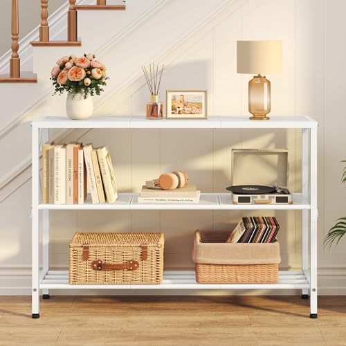 Hoctieon White Industrial Console Table, 3 Tier Entryway Tables, Hallway Desk, Narrow Sofa Tables with Shelves, Entrance Table for Entryway, Living Room, Foyer, Hallway, Office, White - color: White