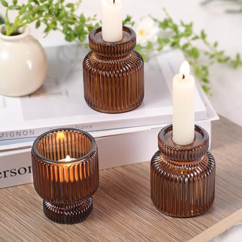DARJEN 6 Pcs Amber Candlestick Holders - Glass Taper Candle Holders Tealight Votive Candle Holders for Table Centerpieces, Wedding, Dinner Party, Home, Gifts (Pack of 2) - color: Amber, size: 6Pcs (Pack of 2)