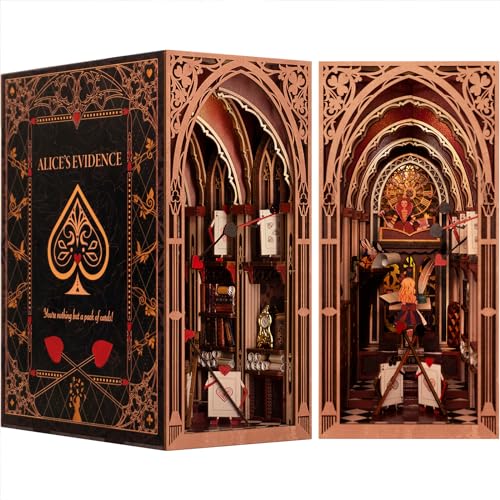 MiniCity DIY Book Nook Kit for Adults, 3D Wooden Puzzle Bookend Bookshelf Insert Decor with LED Light and Dust Cover (Alice in Wonderland) - style: Alice in Wonderland
