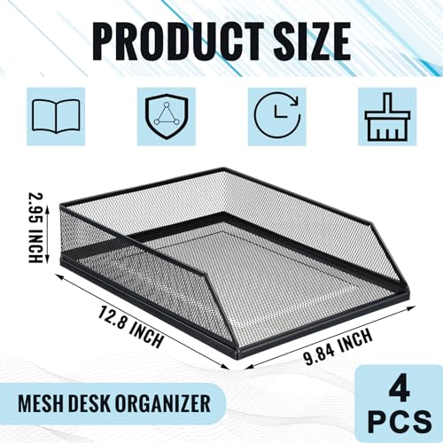 Hicarer 4 Pcs Black Metal Letter Tray Stackable Desk Tray Single Wire Mesh Organizer Front Load File Paper Holder for Desktop Office Home School Classroom (12.8 x 9.84 Inch) - size: 12.8 x 9.84 Inch
