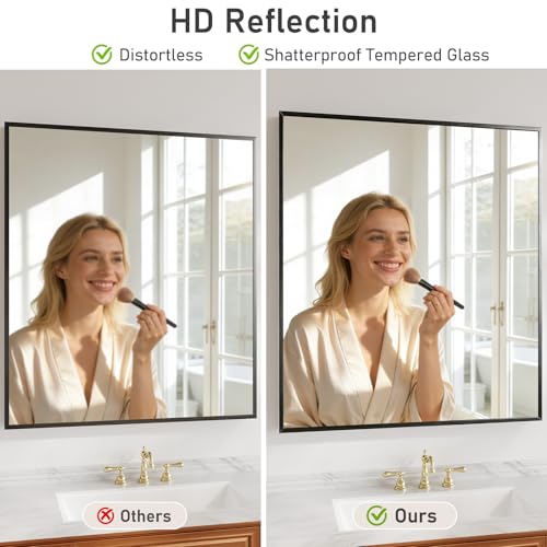 Koonmi Bathroom Mirror for Wall, 28"x32" Black Bathroom Mirror for Over Sink, Shatterproof Tempered Glass Vanity Mirror with Anti-Rust Aluminum Alloy Frame, Hang Horizontally or Vertically - color: Square Edged, size: 32"L x 28"W